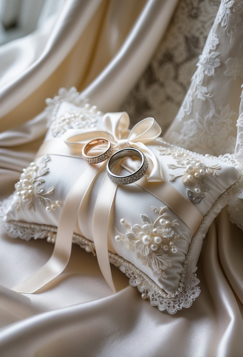 A delicate ring bearer pillow with two wedding rings tied by a satin ribbon resting on white satin fabric, with parts of a wedding dress fabric blurred in the background.