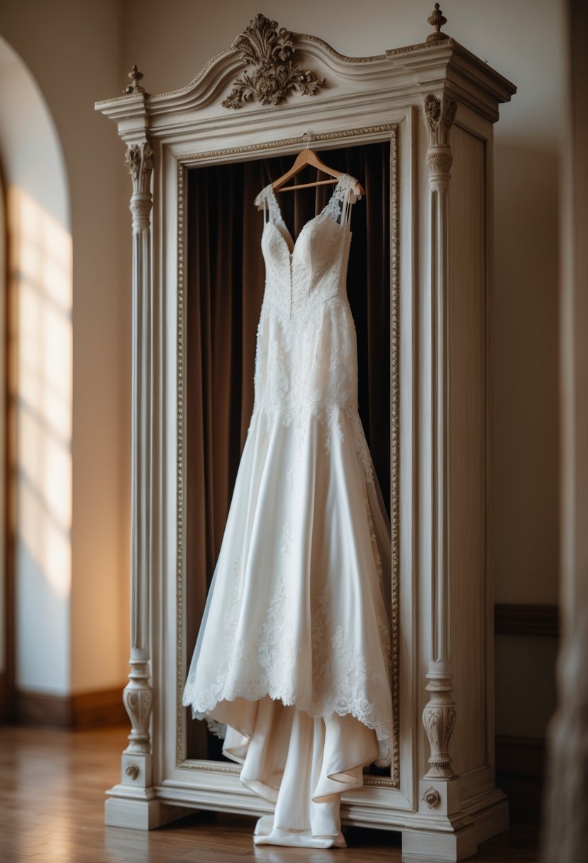 A wedding dress displayed inside a decorative frame, showcasing the dress as a keepsake.