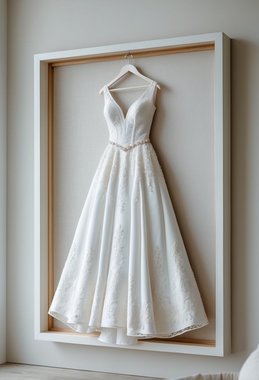 A framed three-dimensional white wedding dress silhouette displayed on a neutral wall.