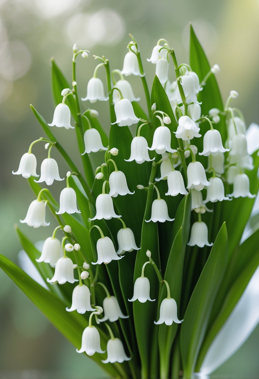 A small bouquet of white lily of the valley flowers with green stems tied with a white ribbon.