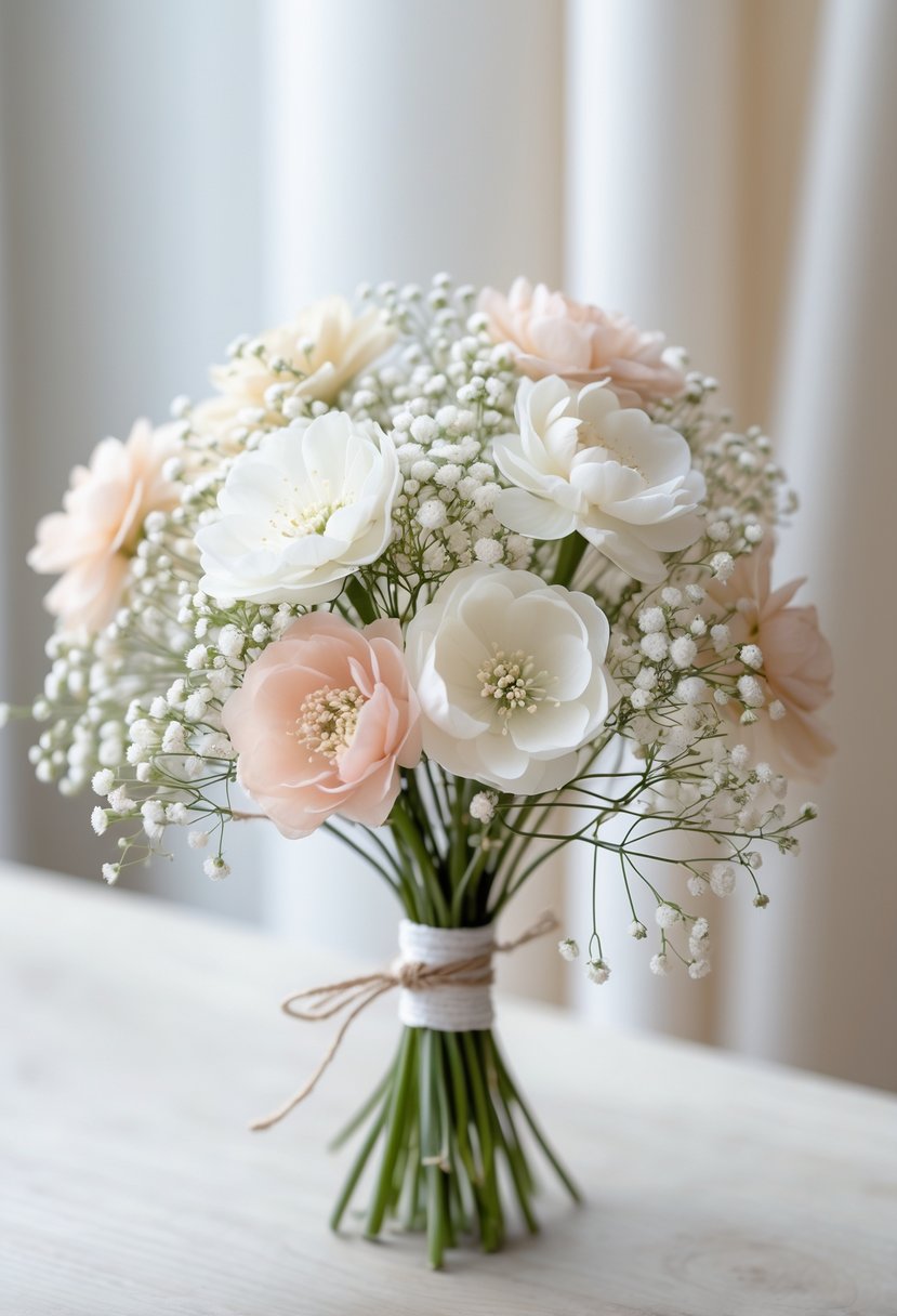 A small wedding bouquet made of waxflower and baby's breath resting on a wooden surface.