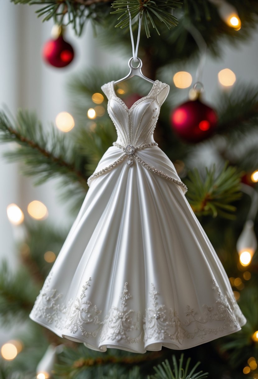 A wedding dress shaped Christmas ornament hanging on a decorated Christmas tree with lights and baubles.