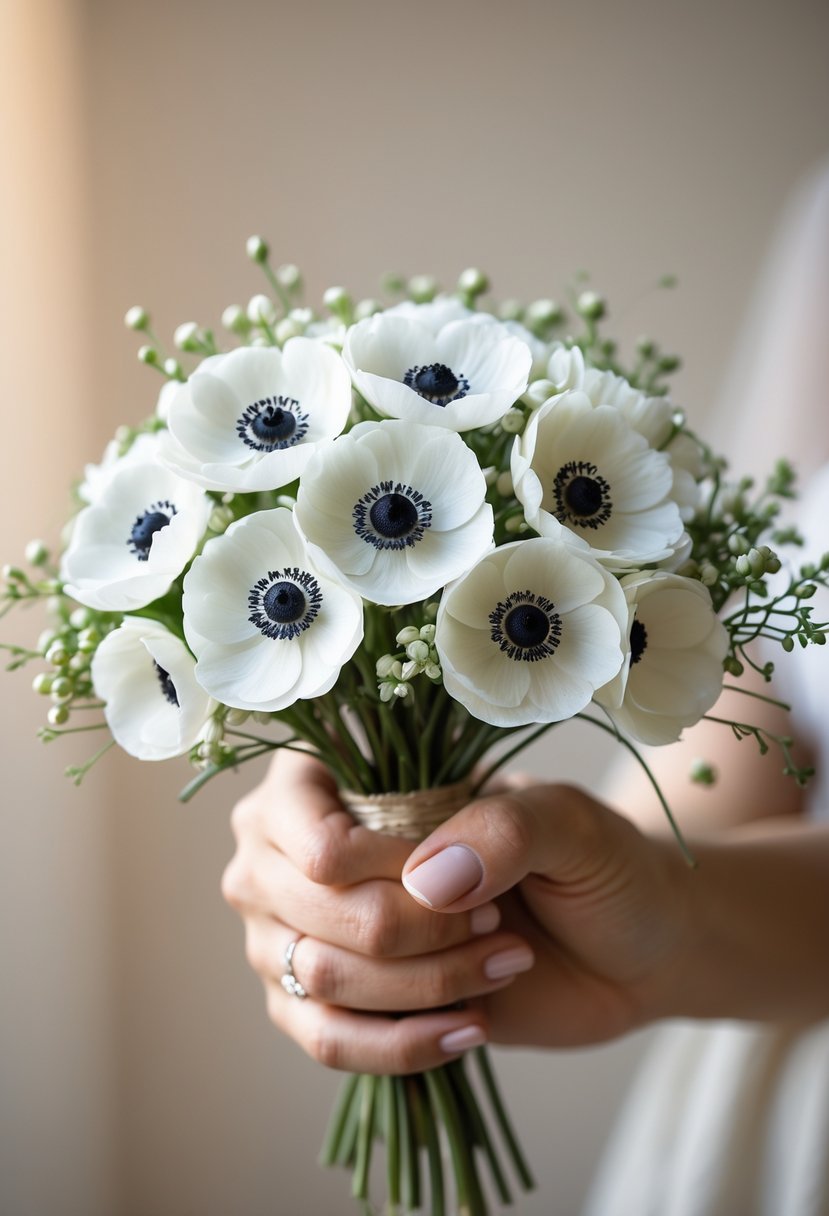 A small bouquet of white anemone flowers with dark centers held gently against a softly blurred background.