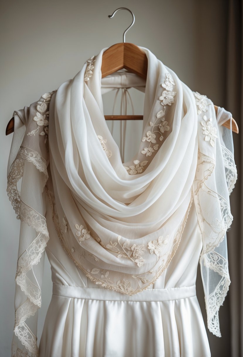 A handmade dress scarf draped over a white wedding dress on a hanger.