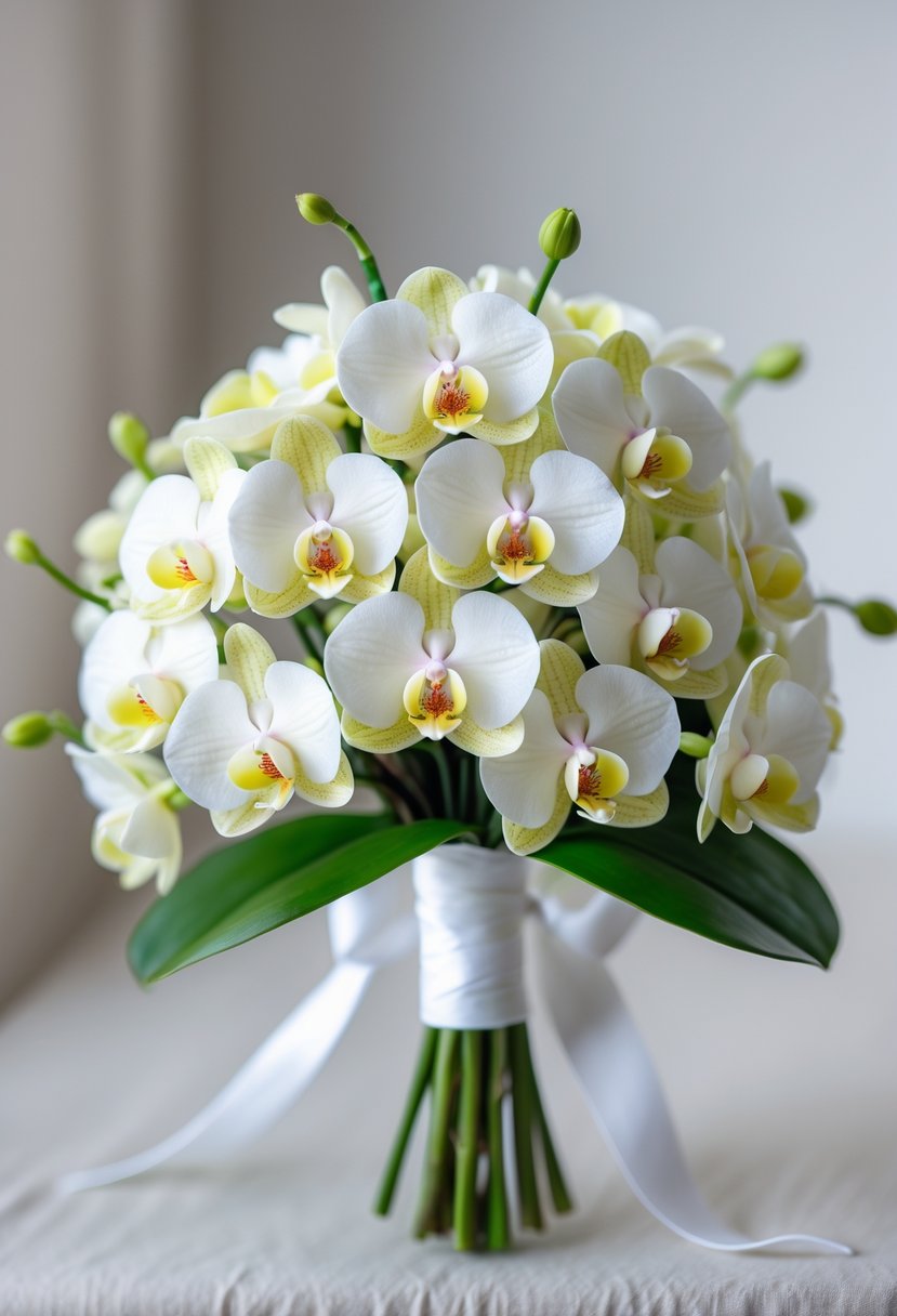 A small wedding bouquet made of white mini orchids wrapped with a white ribbon on a light background.