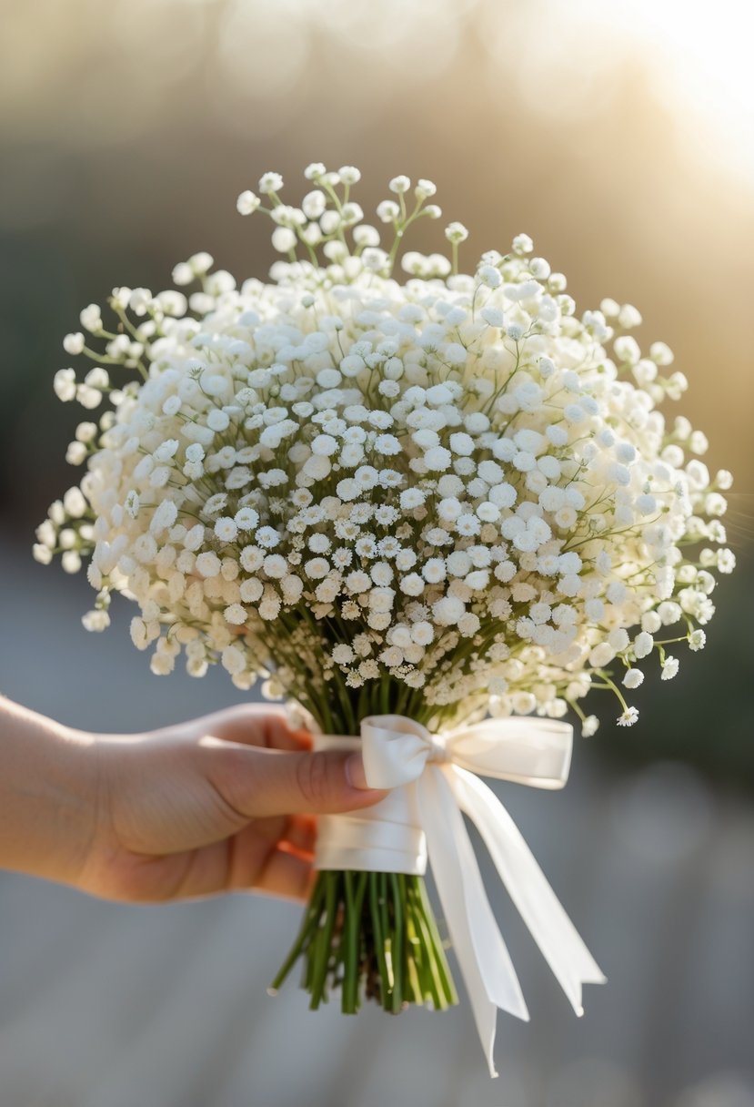 A small bouquet of white gypsophila flowers with wrapped stems on a soft blurred background.