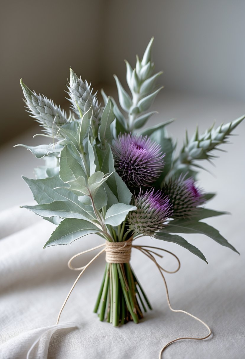 A small wedding bouquet with dusty miller leaves and purple thistle flowers resting on a neutral surface.
