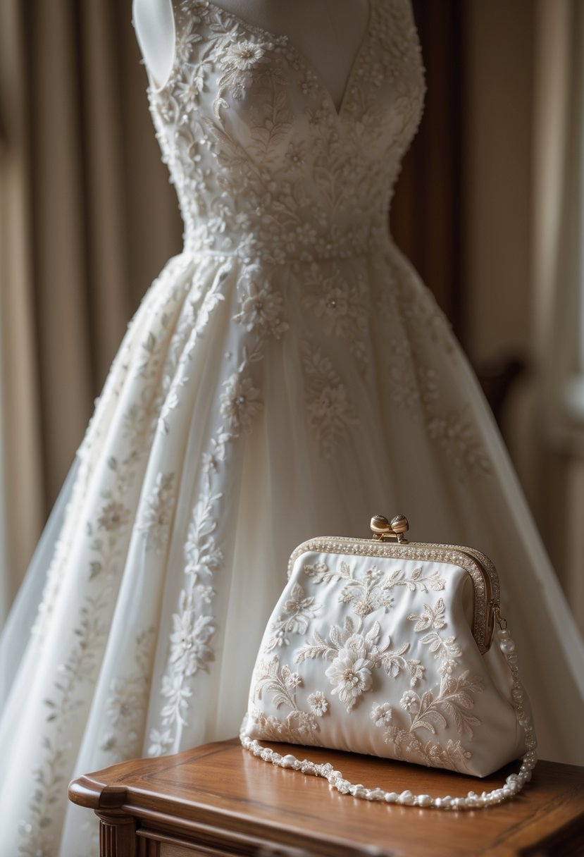 An embroidered white wedding dress displayed with a matching embroidered handbag on a wooden surface.