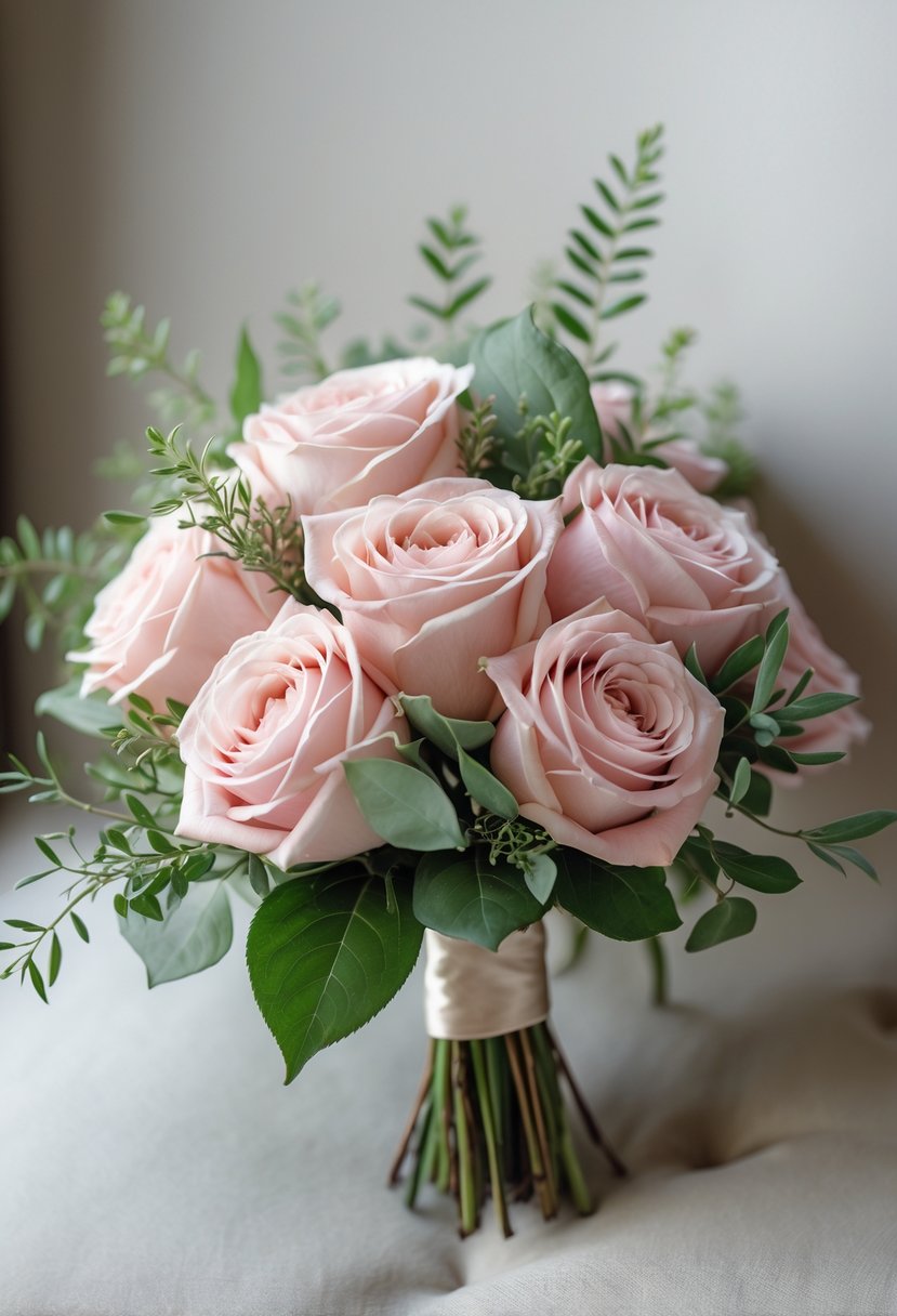 A small wedding bouquet with soft blush pink roses and green leaves resting on a neutral background.