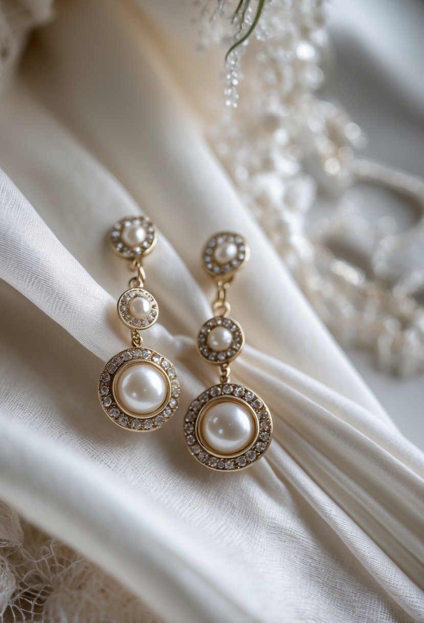 Close-up of vintage-style dress button earrings attached to a white wedding dress fabric.