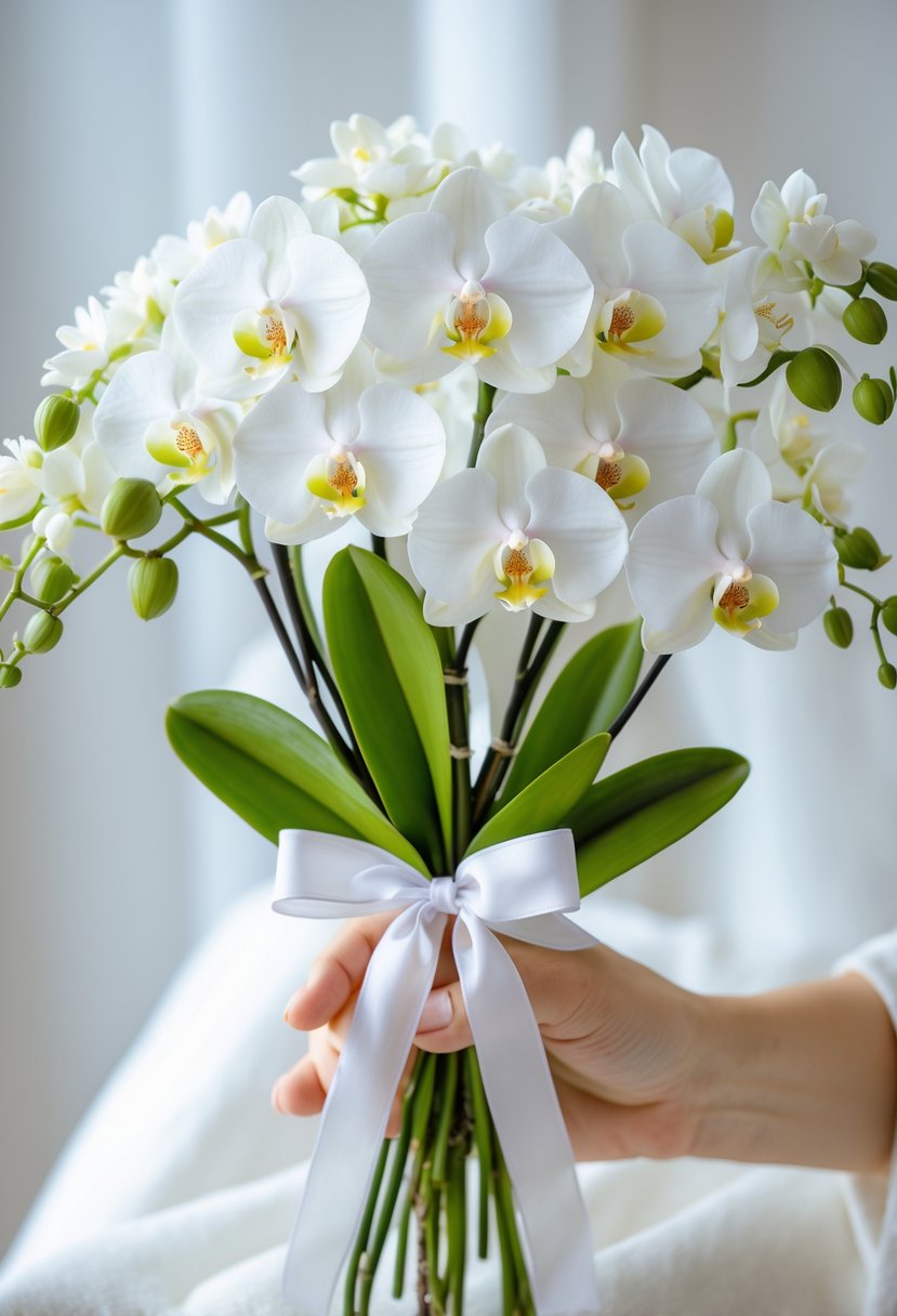 A small bouquet of white orchids tied with a white ribbon against a blurred neutral background.
