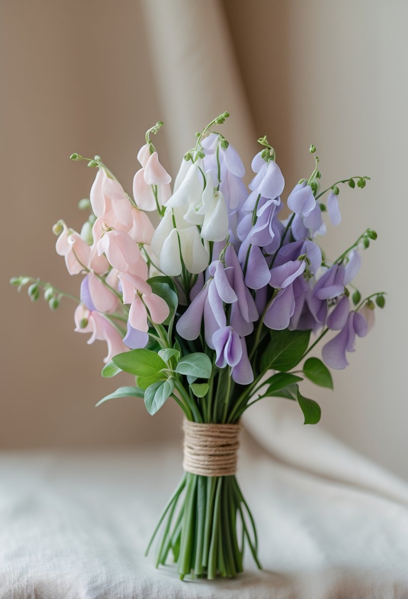 A small wedding bouquet of pastel sweet pea flowers with green leaves held against a softly blurred background.