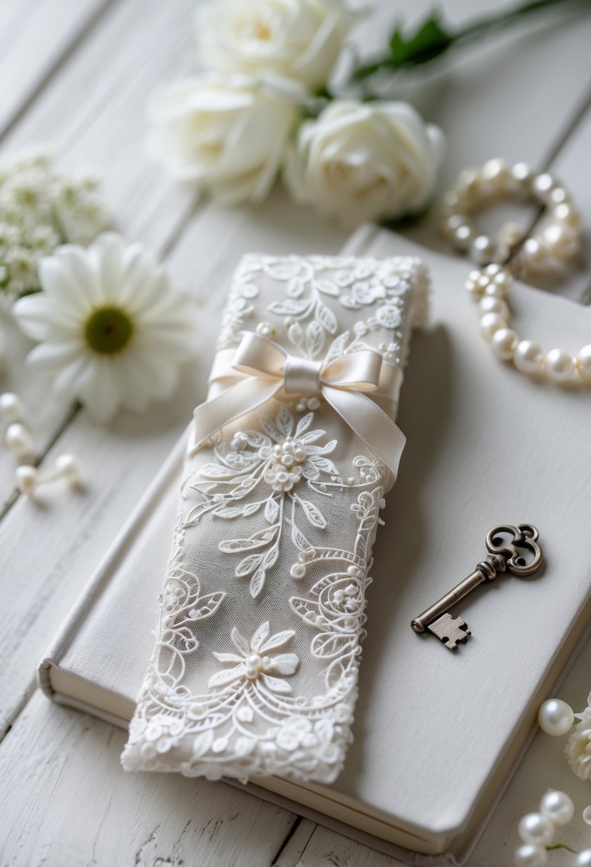 Close-up of a delicate wedding dress fabric bookmark placed on a white surface surrounded by small flowers, pearls, and a vintage key.
