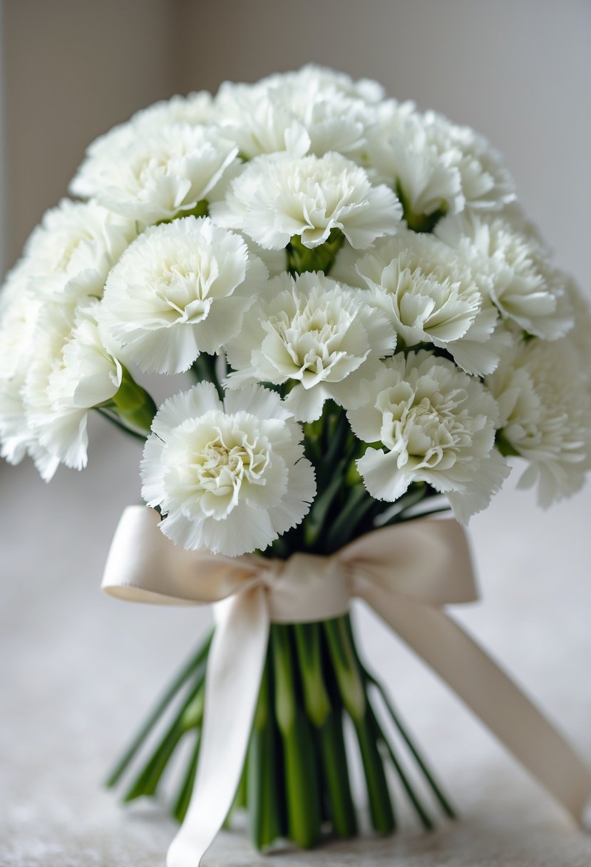 A small bouquet of white carnations tied with a ribbon on a softly blurred background.