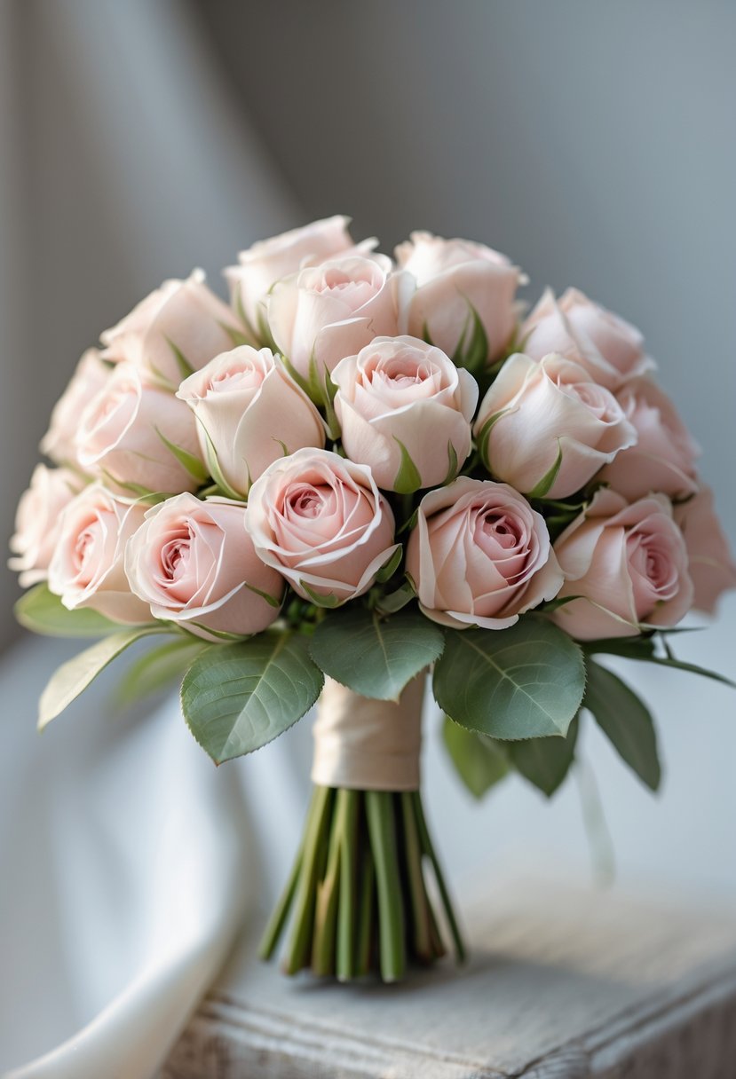A small bouquet of pale pink rosebuds with green leaves on a neutral background.