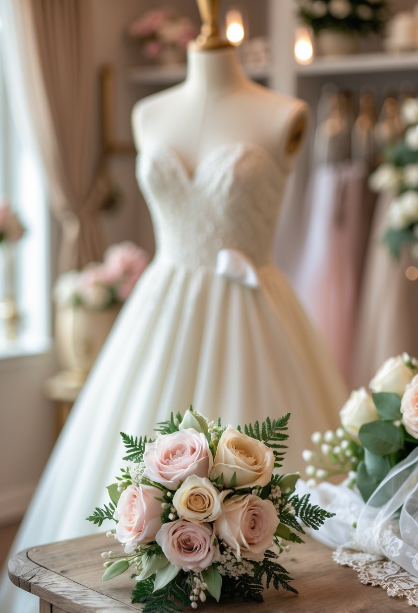 An elegant wedding dress with a delicate floral corsage displayed in a softly lit bridal setting.