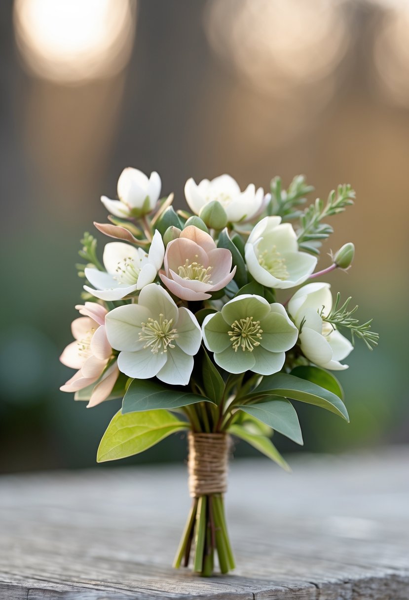 A small bouquet of hellebore flowers with white and pale pink petals tied with twine against a softly blurred background.