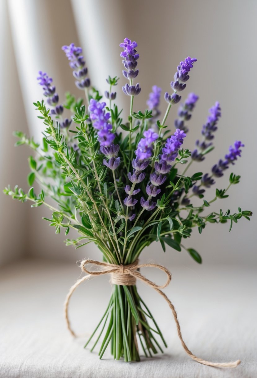 A small wedding bouquet made of thyme and lavender sprigs tied together with a ribbon.