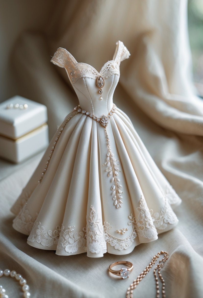 A jewelry box shaped like a wedding dress surrounded by wedding keepsake items on a soft surface.