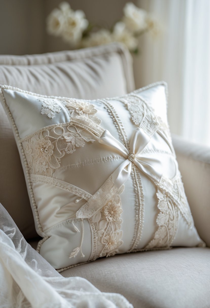A custom patchwork pillow made from wedding dress fabric displayed on a soft surface.