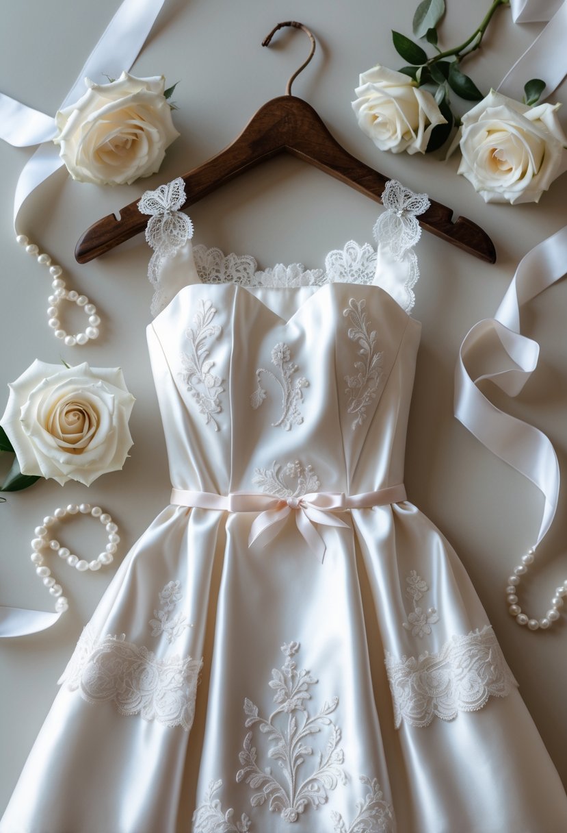 A white satin and lace wedding dress apron hanging on a wooden hanger with wedding-themed decorations around it.