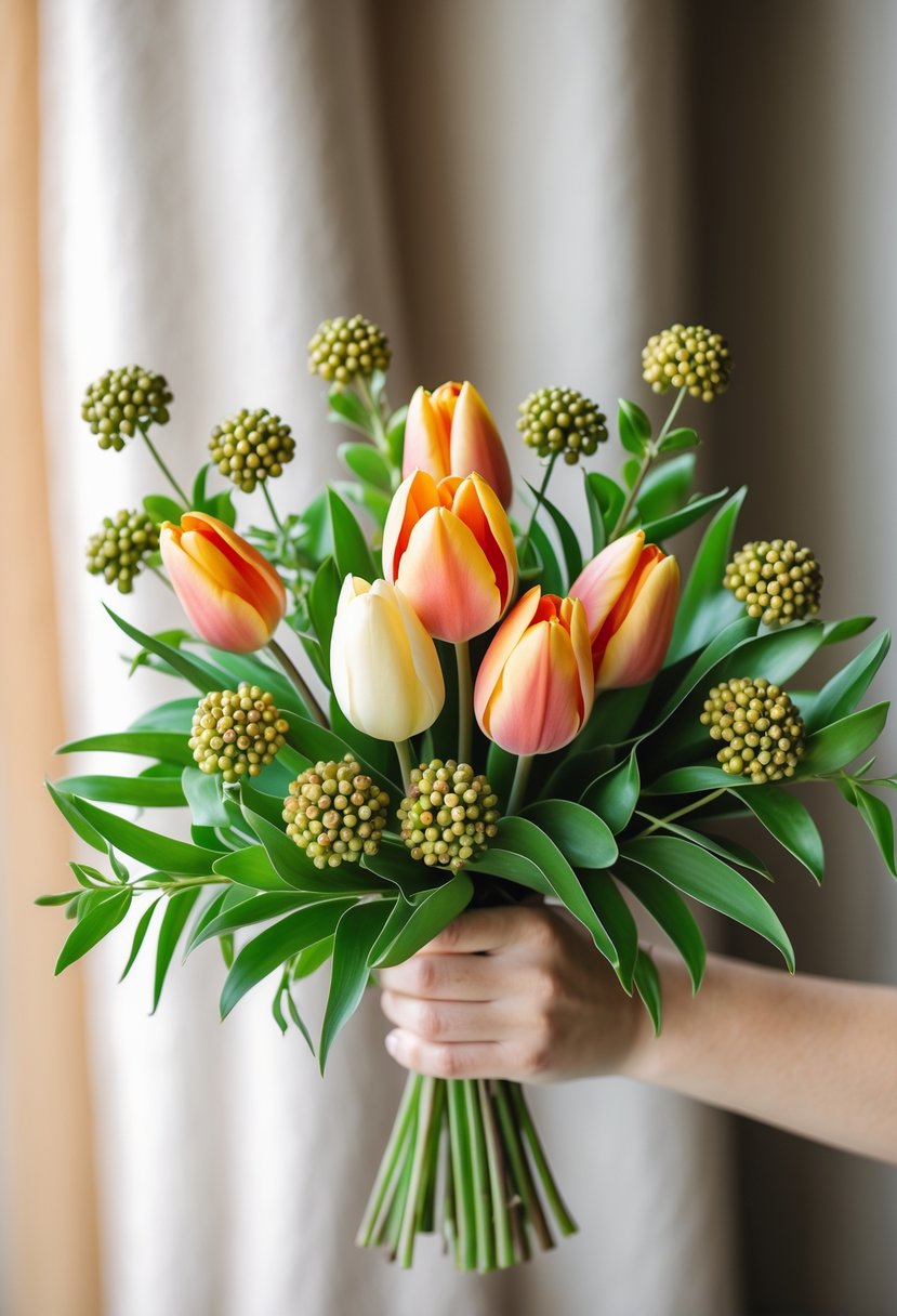 A small wedding bouquet with tulips and Hypericum berries surrounded by green leaves on a blurred neutral background.