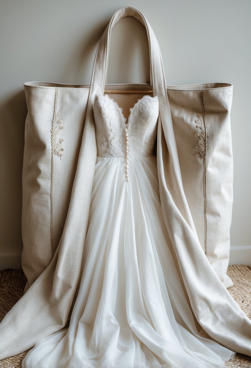 A white wedding dress partially inside a stylish tote bag on a neutral background.