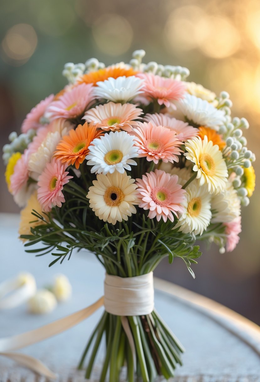 A small wedding bouquet made of colorful mini Gerbera daisies with a simple ribbon wrap.