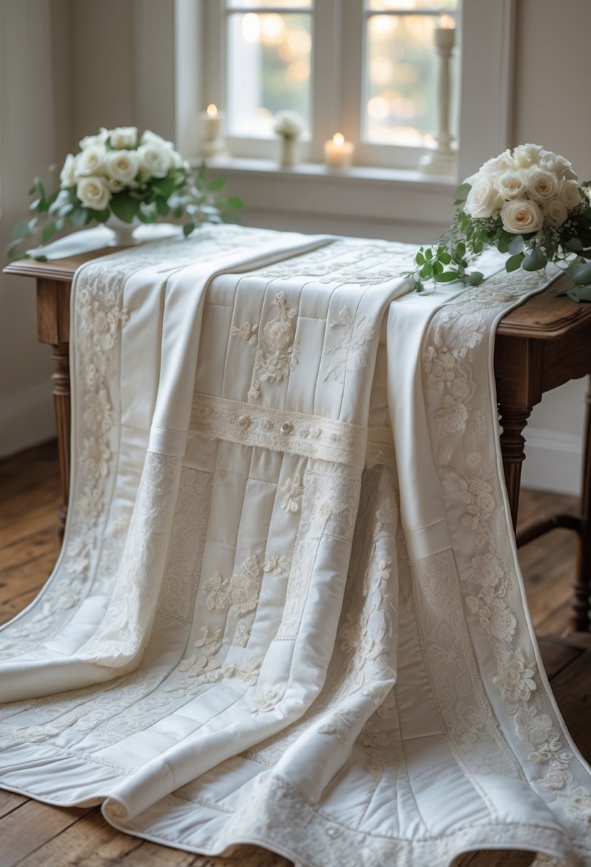 A memory quilt made from wedding dress fabric panels displayed on a wooden table with pearl necklaces and white flowers nearby.