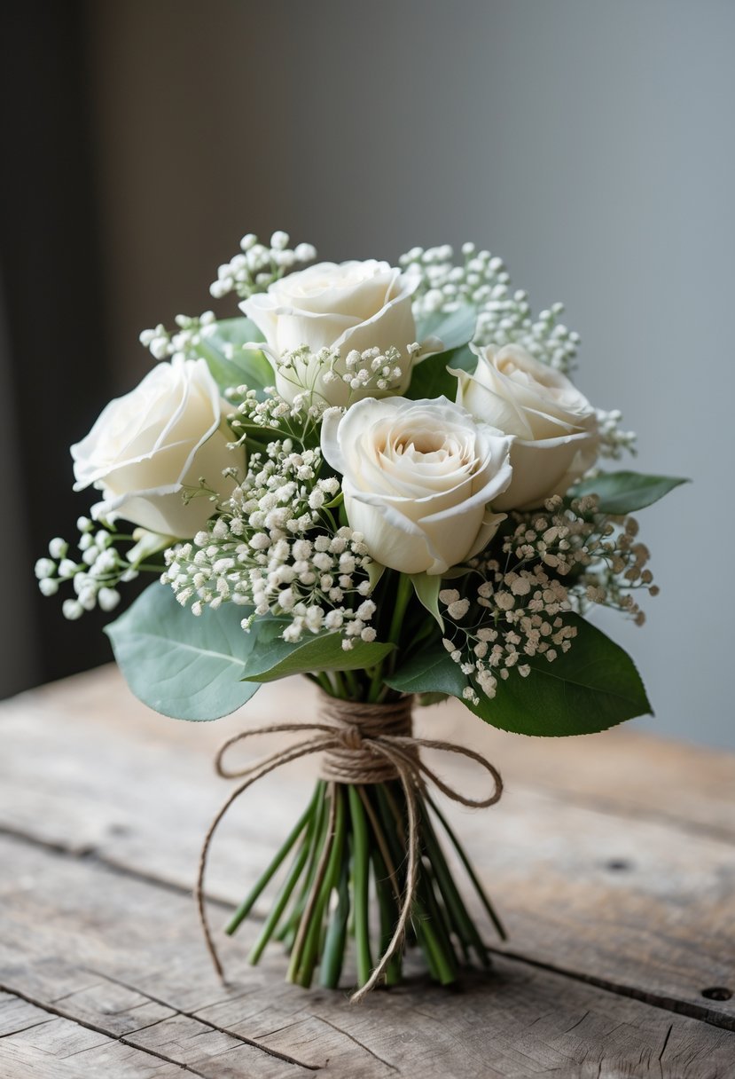 A small simple wedding bouquet of white roses and greenery resting on a wooden surface.