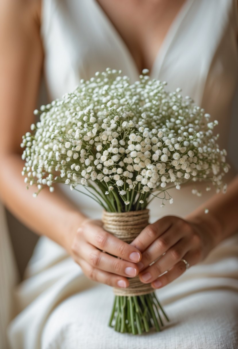 A small bouquet of baby's breath flowers wrapped in twine against a neutral background.
