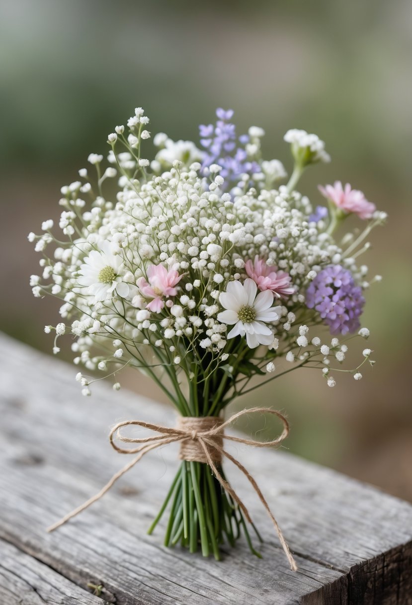 A small wildflower bouquet with baby's breath and pastel flowers tied with twine on a wooden surface.