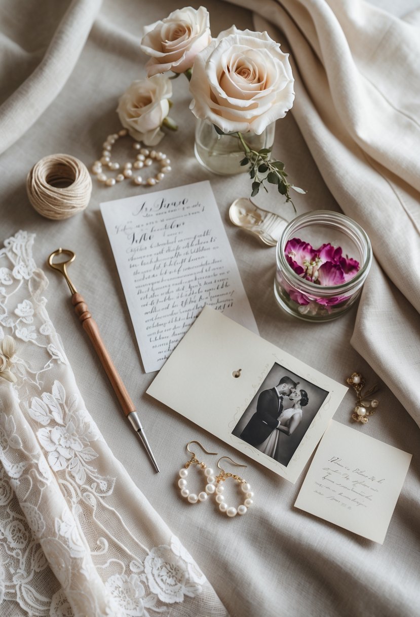 A flat lay of wedding dress keepsake items including lace swatches, sewing needle and thread, preserved rose petals in a jar, a handwritten letter, pearl earrings, and a vintage wedding photo on a soft fabric background.