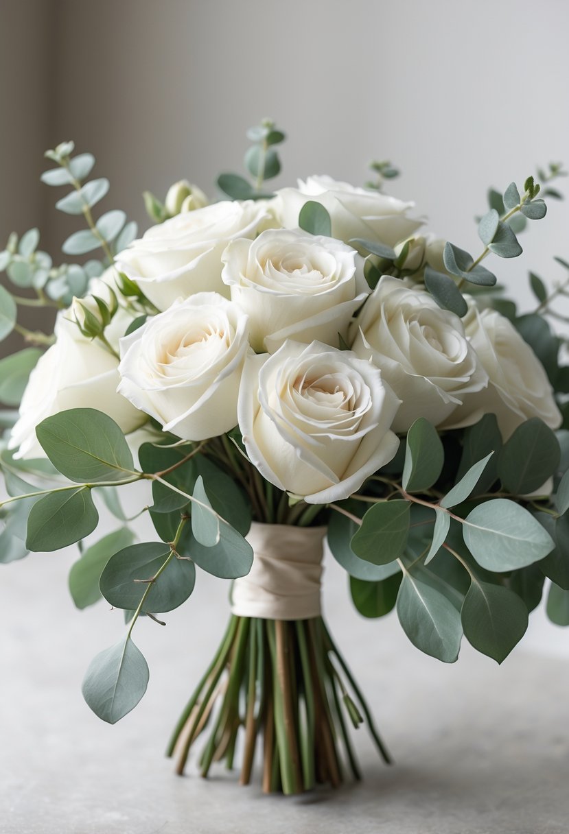 A small bouquet of white roses with eucalyptus leaves.