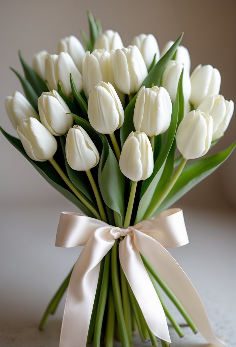 A small bouquet of white tulips tied with a satin ribbon.