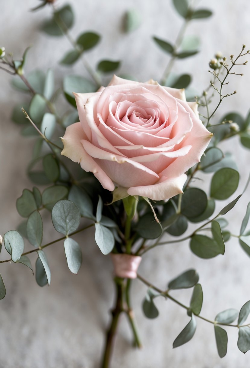 A single pink rose with eucalyptus sprigs arranged in a small bouquet on a neutral background.