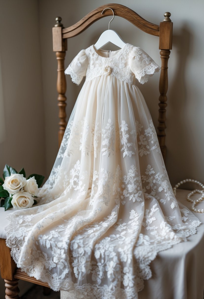 A delicate white lace christening gown hanging on a wooden hanger with a small bouquet, pearl bracelet, and silver cross pendant arranged nearby.