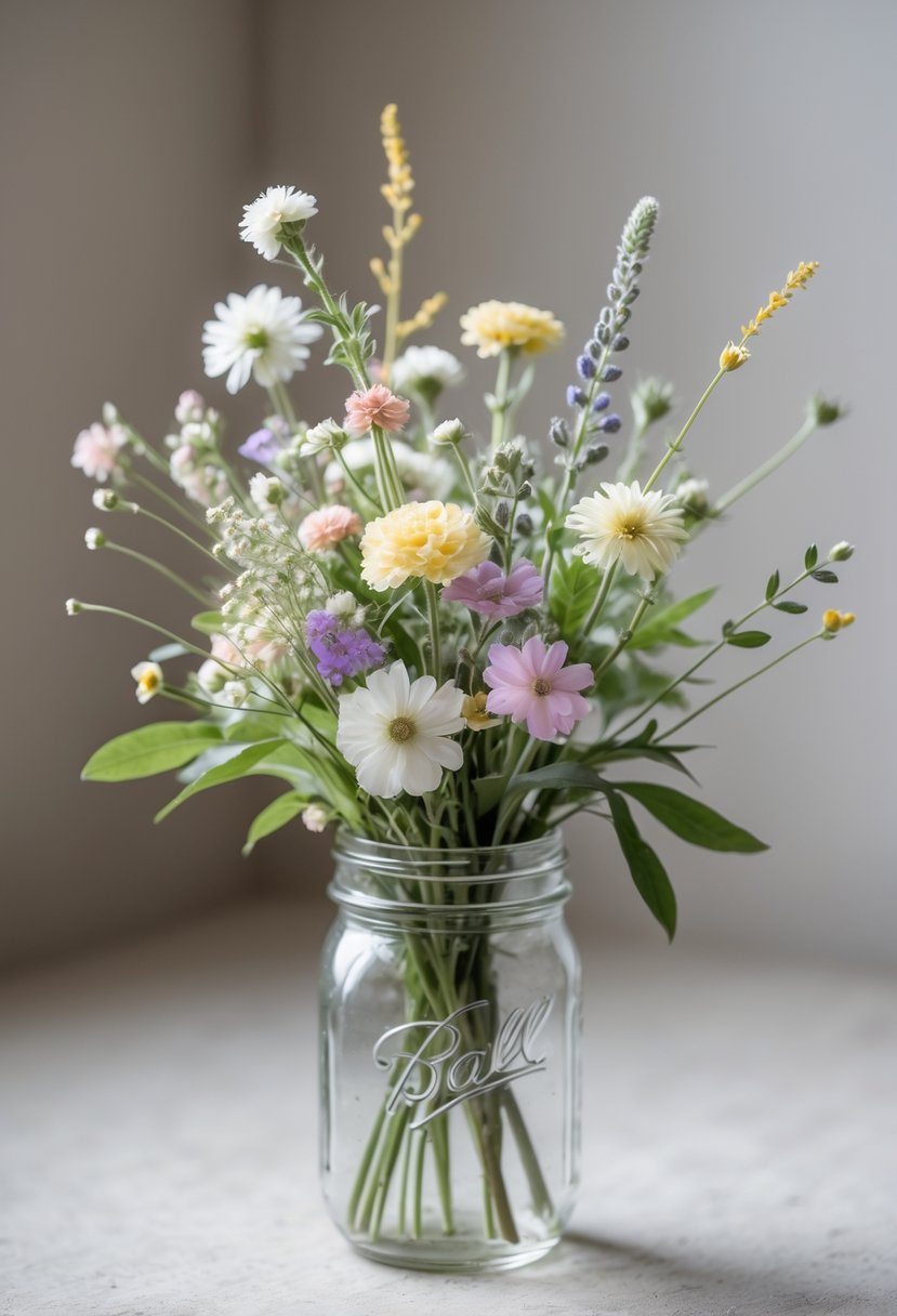 A small mason jar filled with a colorful mix of wildflowers on a neutral background.