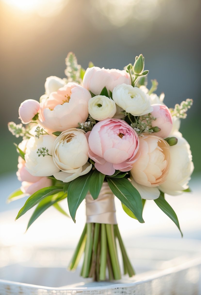 A small wedding bouquet of soft peony and ranunculus flowers with greenery.