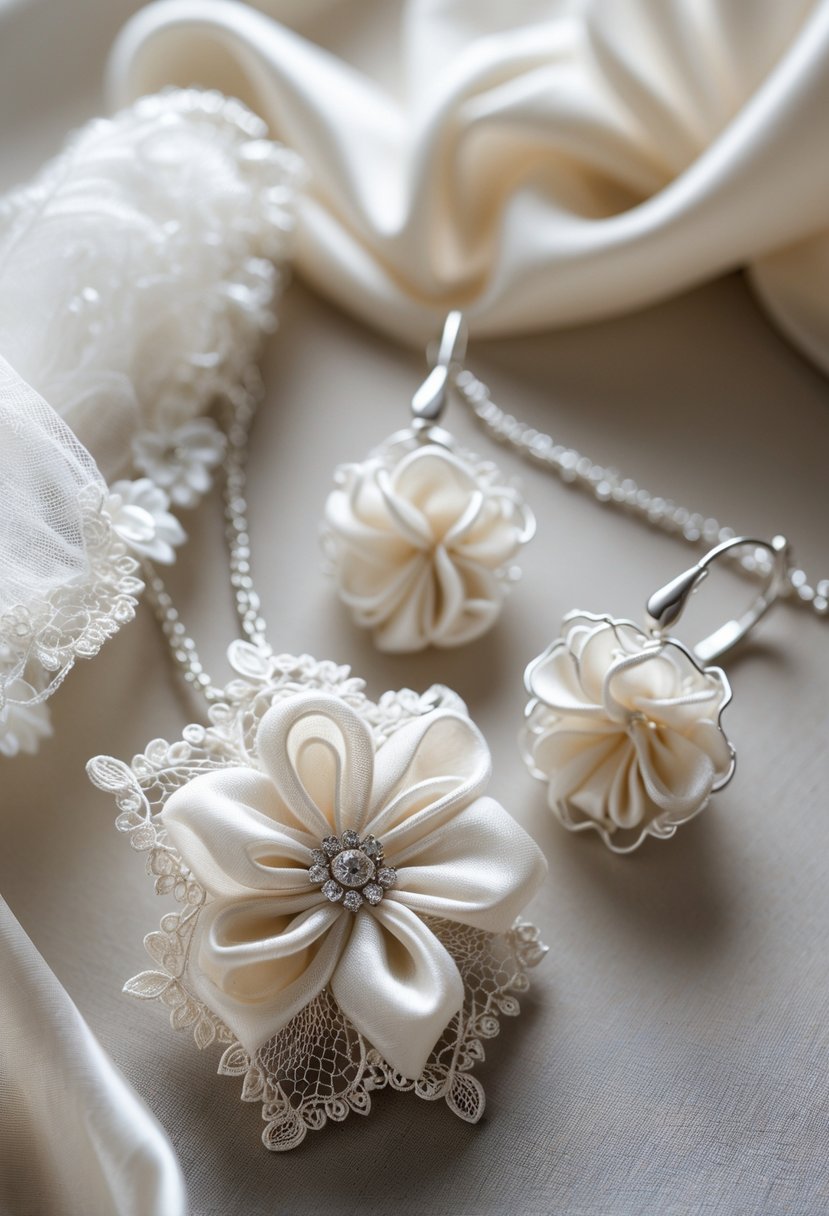 Close-up of delicate jewelry made from wedding dress fabric arranged on a soft background.