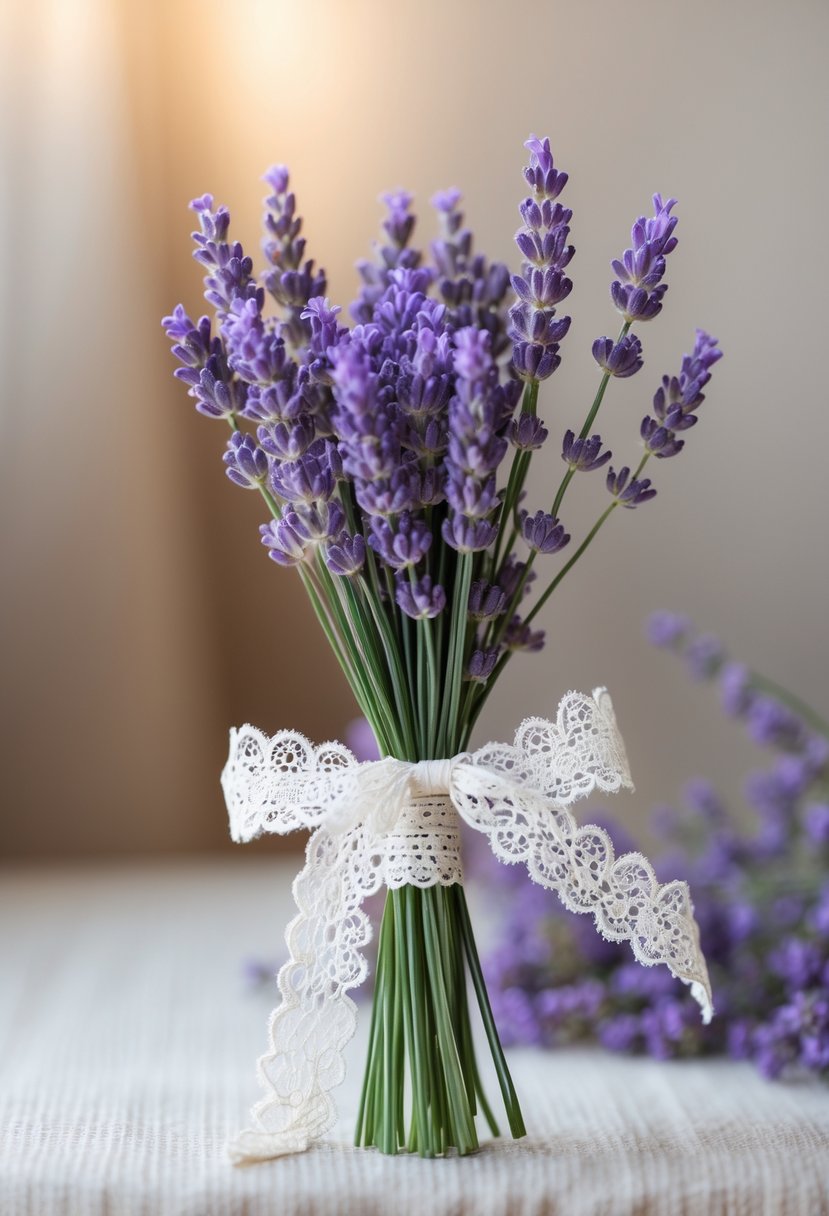 A small bouquet of lavender stems tied with a lace ribbon resting against a soft, blurred background.