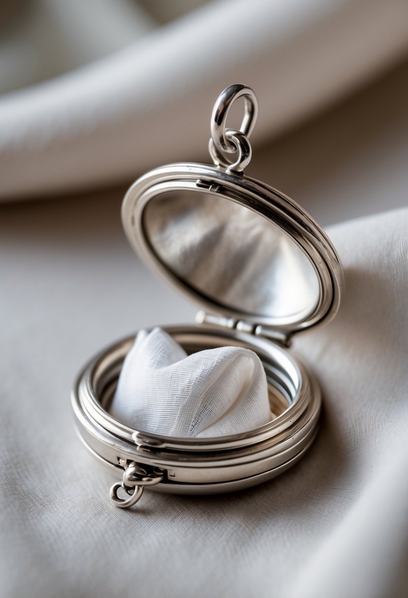 A silver locket open to show a small piece of white wedding dress fabric inside, resting on a soft surface.