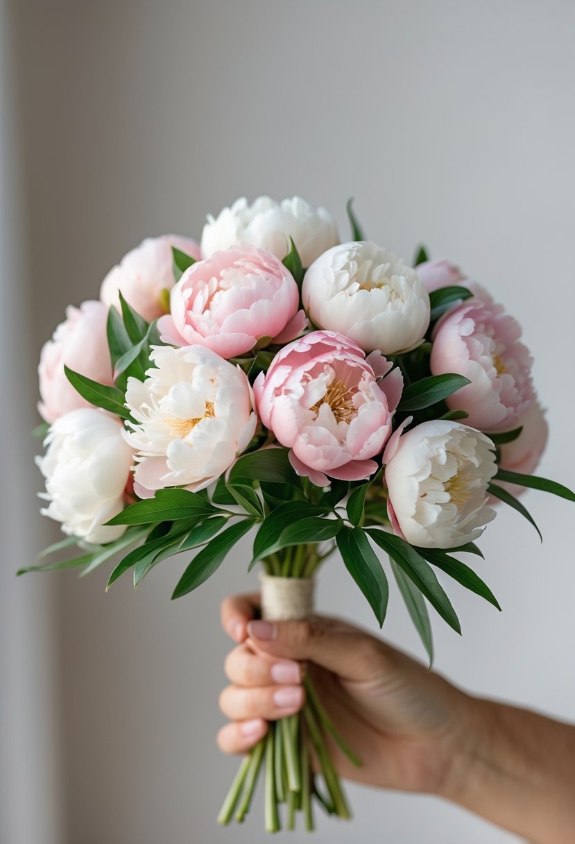 A small bouquet of miniature pink and white peonies with green leaves held in one hand against a blurred background.