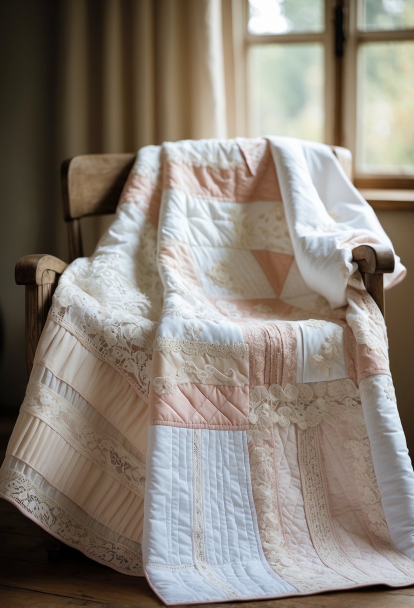A quilt made from pieces of wedding dress fabric draped over a wooden chair in a softly lit room.