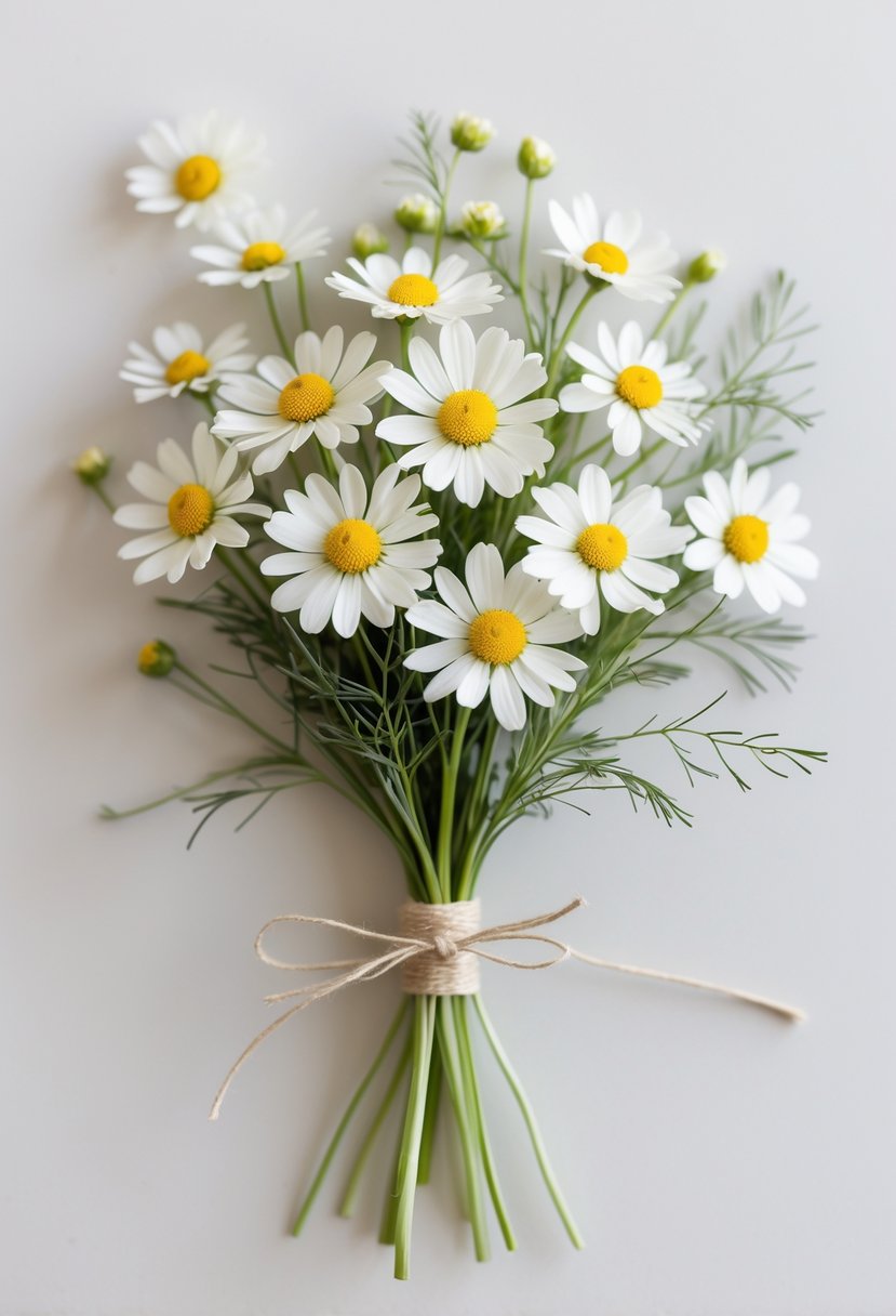A small bouquet of white chamomile flowers with yellow centers tied with a light ribbon on a plain background.