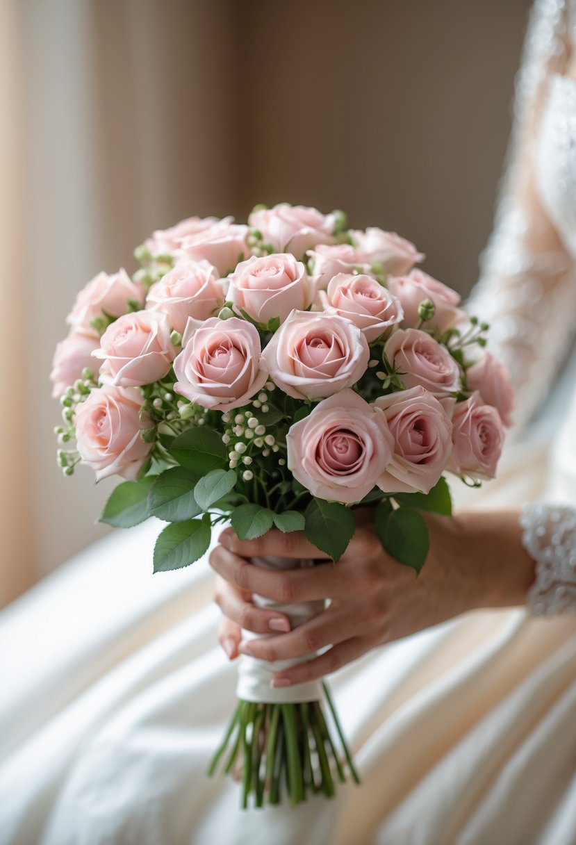 A small bouquet of soft pink spray roses with green leaves held by a person wearing a white wedding dress.