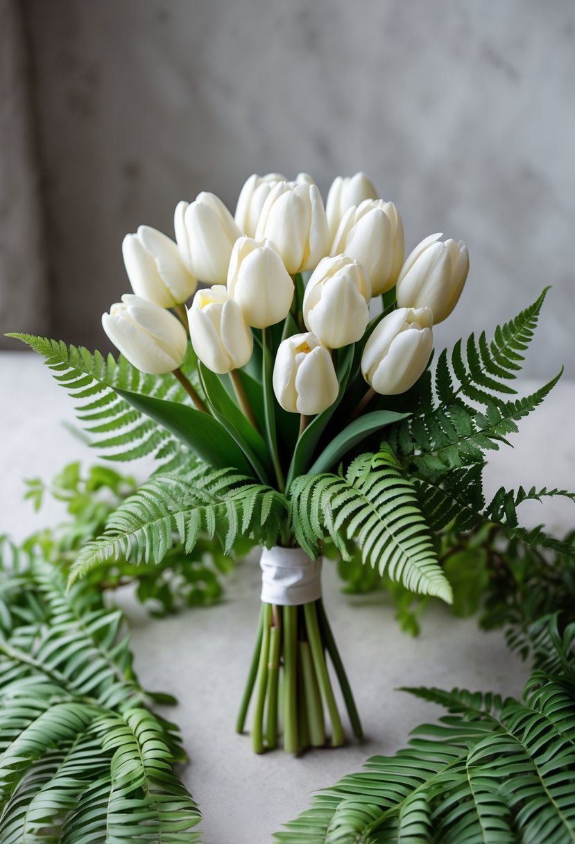 A small wedding bouquet with white tulips and green fern leaves.