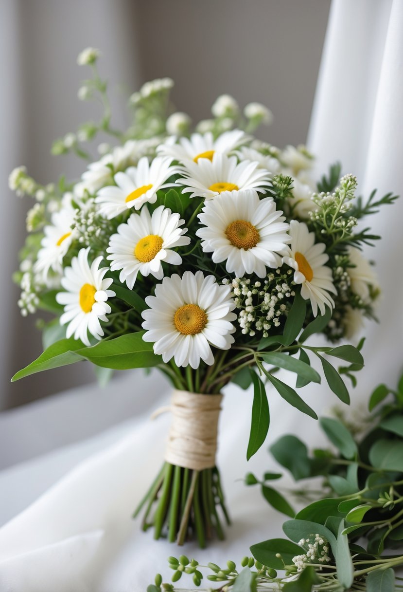 A small wedding bouquet made of white daisies and green leaves arranged in a simple, circular style.