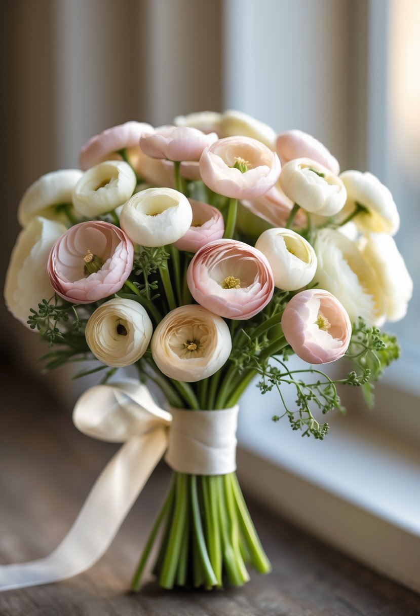 A small wedding bouquet of ranunculus flowers tied with a simple ribbon.