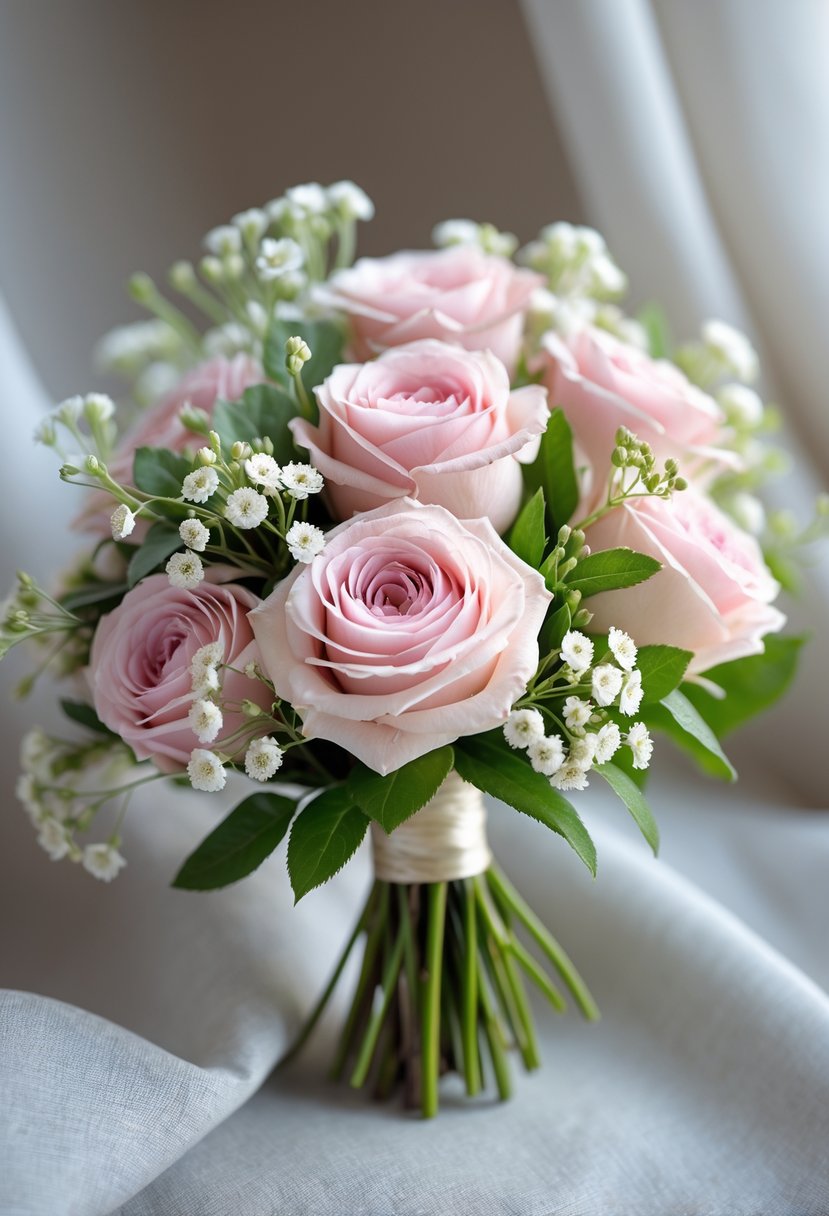 A small bouquet of pink spray roses and white waxflowers with green leaves on a soft neutral background.